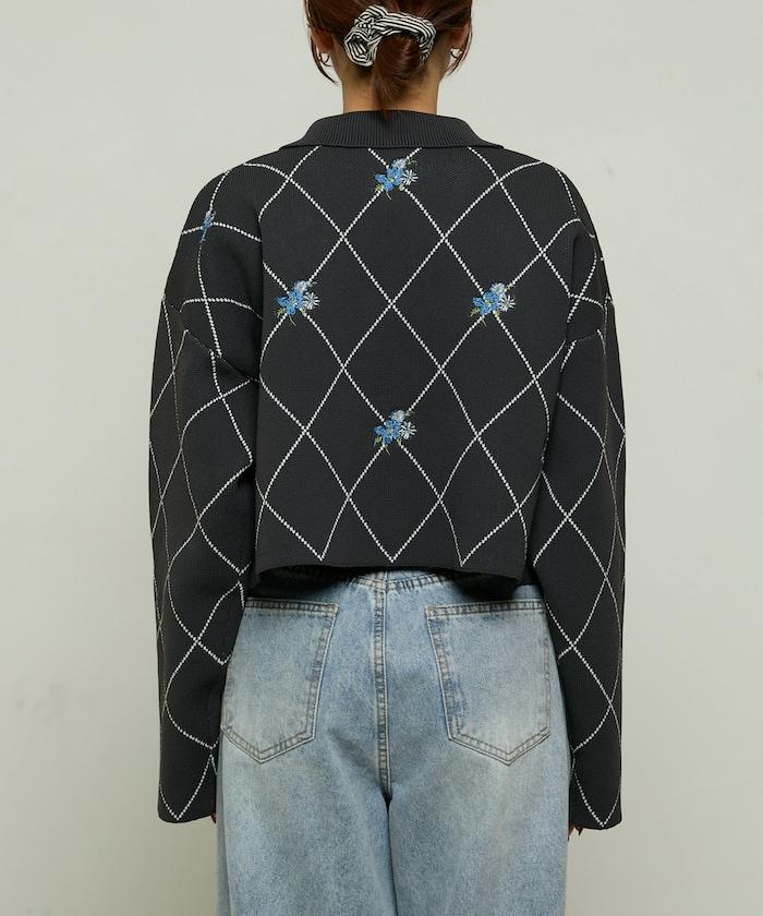 線條鑽石＆花卉刺繡短款開衫