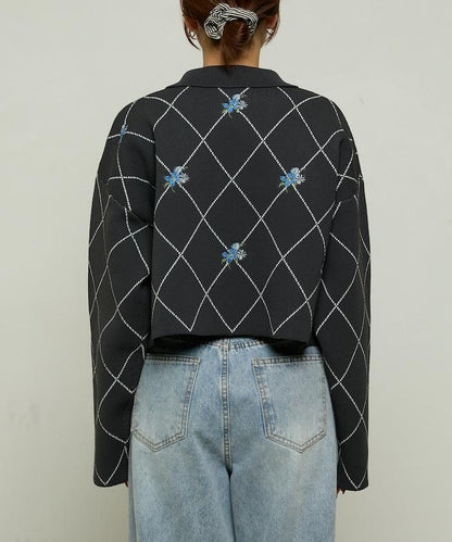 線條鑽石＆花卉刺繡短款開衫