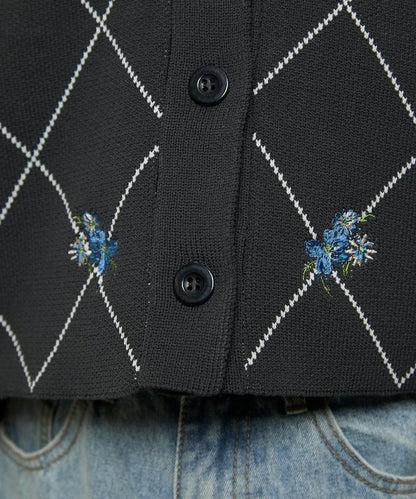 線條鑽石＆花卉刺繡短款開衫