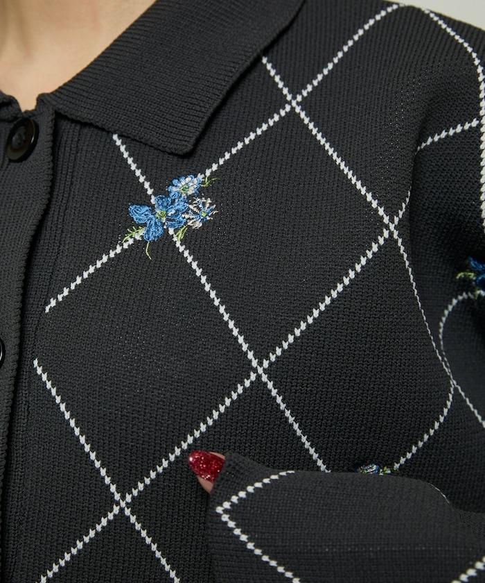 線條鑽石＆花卉刺繡短款開衫