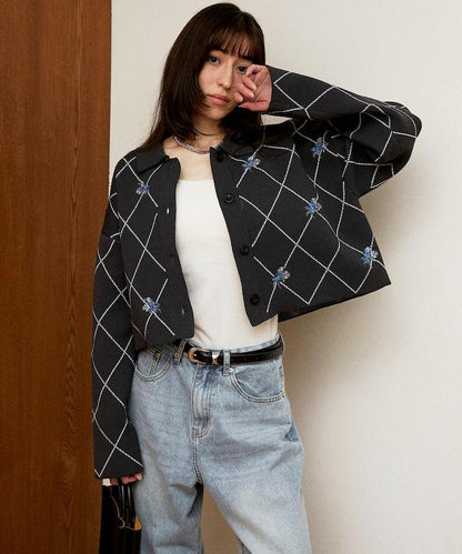 線條鑽石＆花卉刺繡短款開衫