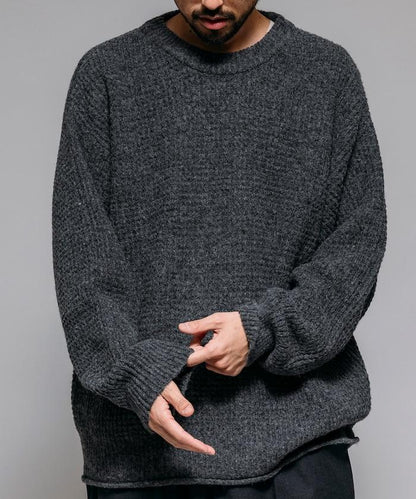 寬鬆版型羊毛混紡華夫格針織圓領毛衣