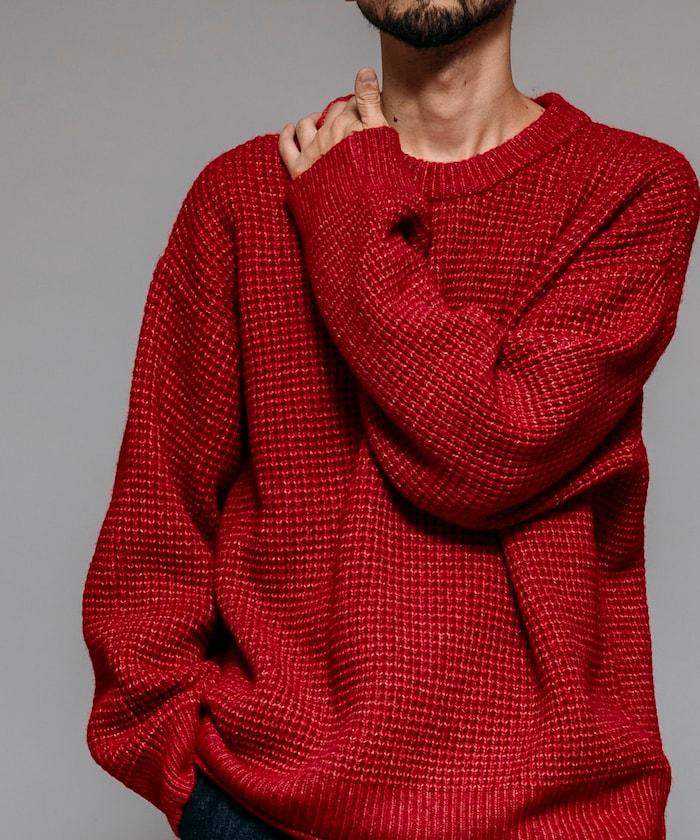 寬鬆版型羊毛混紡華夫格針織圓領毛衣