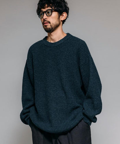 寬鬆版型羊毛混紡華夫格針織圓領毛衣