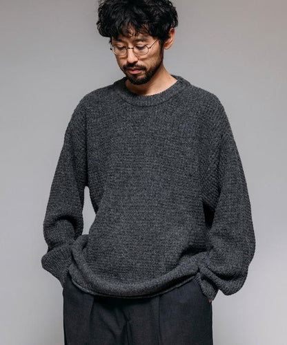 寬鬆版型羊毛混紡華夫格針織圓領毛衣
