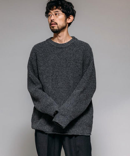 寬鬆版型羊毛混紡華夫格針織圓領毛衣