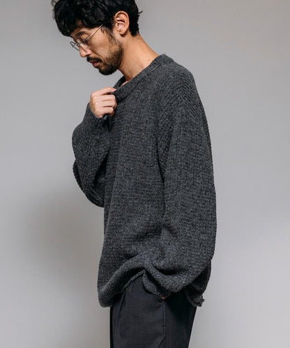 寬鬆版型羊毛混紡華夫格針織圓領毛衣