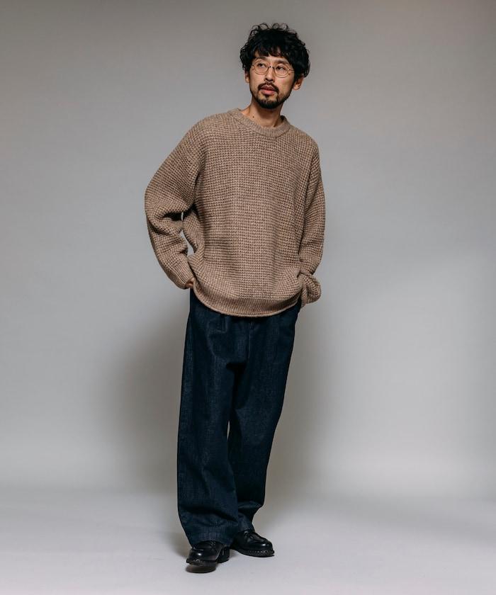 寬鬆版型羊毛混紡華夫格針織圓領毛衣