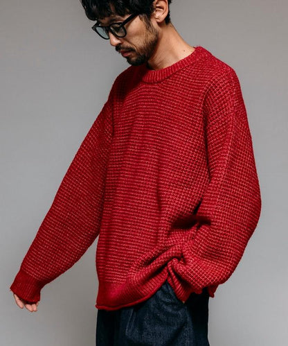 寬鬆版型羊毛混紡華夫格針織圓領毛衣