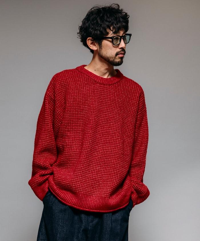 寬鬆版型羊毛混紡華夫格針織圓領毛衣