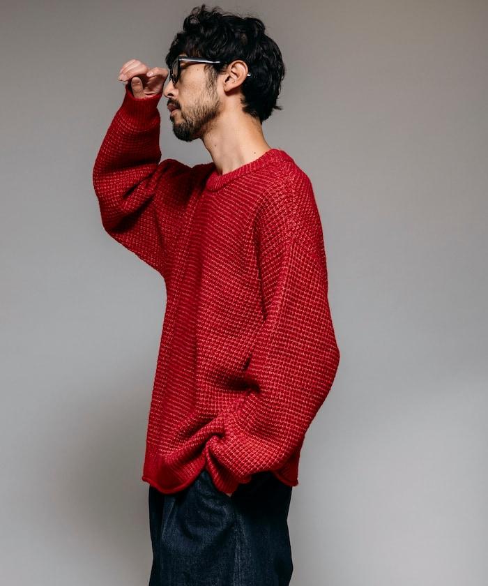 寬鬆版型羊毛混紡華夫格針織圓領毛衣