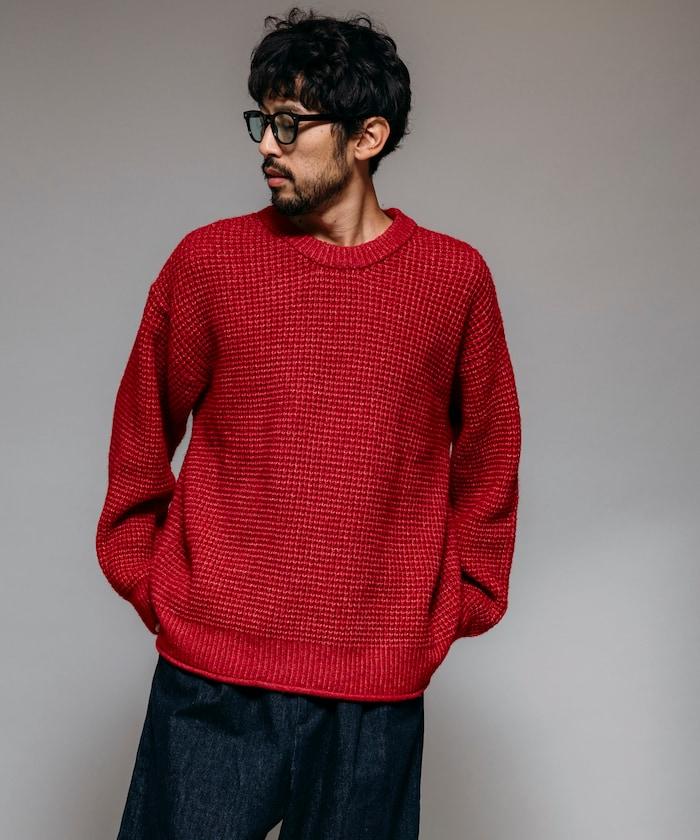 寬鬆版型羊毛混紡華夫格針織圓領毛衣