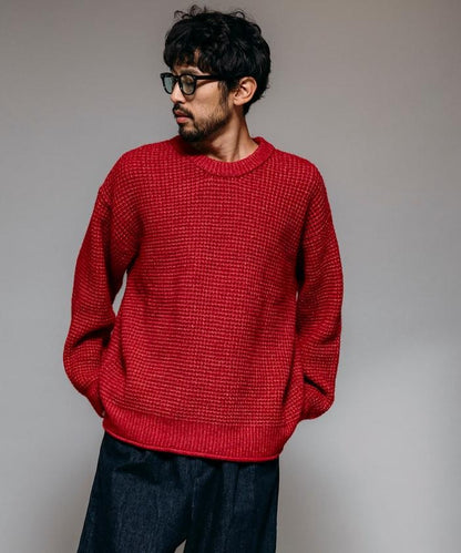 寬鬆版型羊毛混紡華夫格針織圓領毛衣