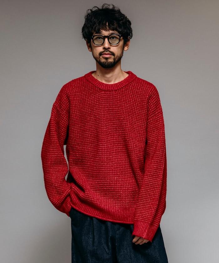 寬鬆版型羊毛混紡華夫格針織圓領毛衣