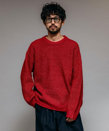 寬鬆版型羊毛混紡華夫格針織圓領毛衣