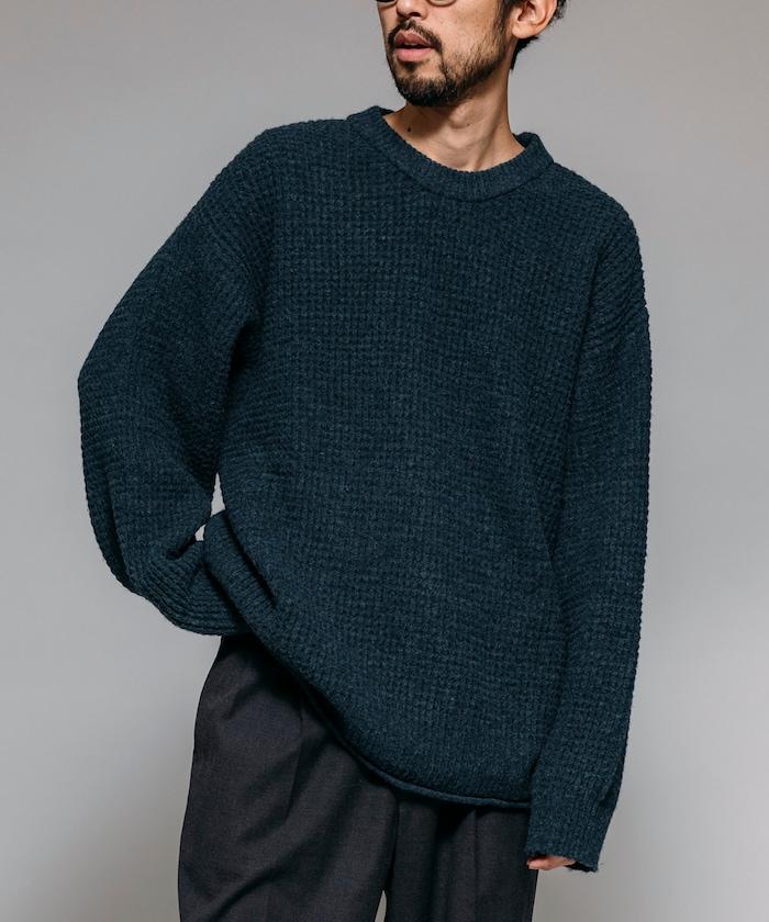 寬鬆版型羊毛混紡華夫格針織圓領毛衣