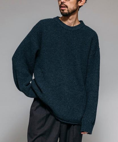 寬鬆版型羊毛混紡華夫格針織圓領毛衣