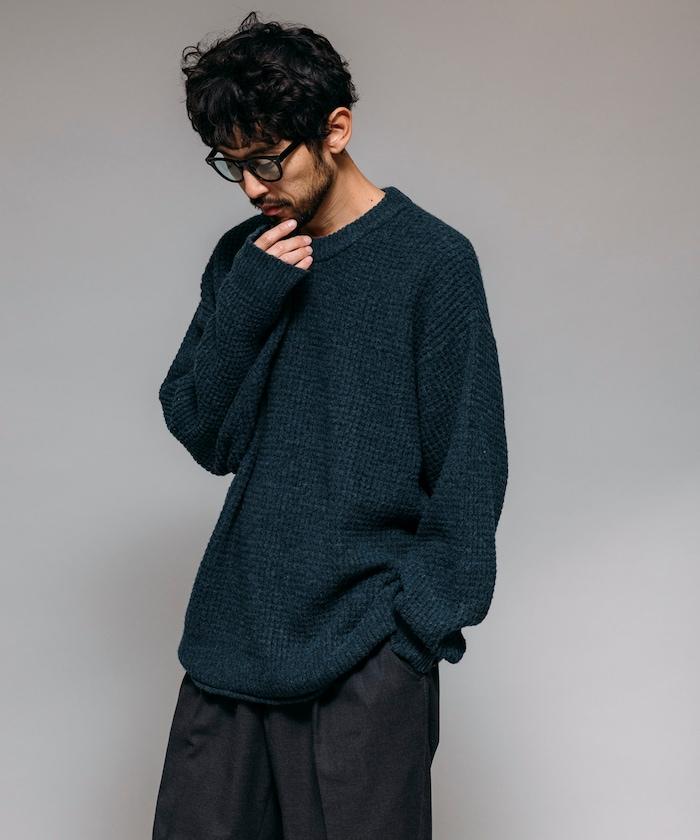 寬鬆版型羊毛混紡華夫格針織圓領毛衣