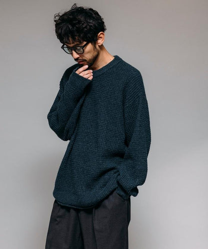 寬鬆版型羊毛混紡華夫格針織圓領毛衣