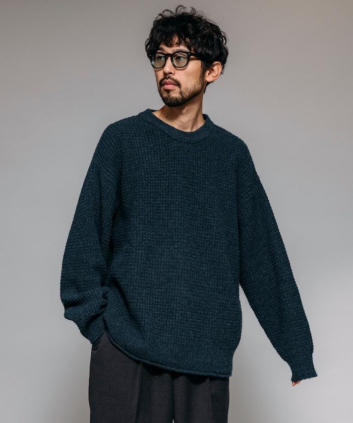 寬鬆版型羊毛混紡華夫格針織圓領毛衣