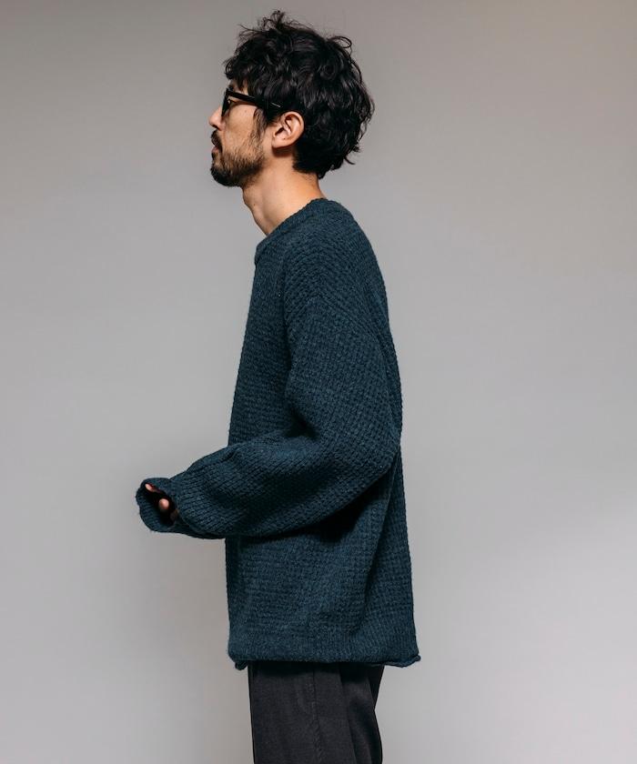 寬鬆版型羊毛混紡華夫格針織圓領毛衣