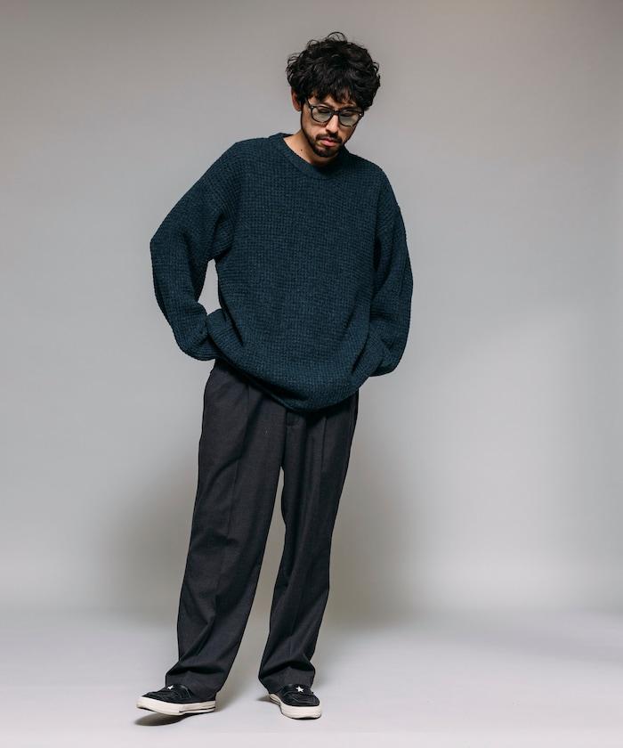 寬鬆版型羊毛混紡華夫格針織圓領毛衣