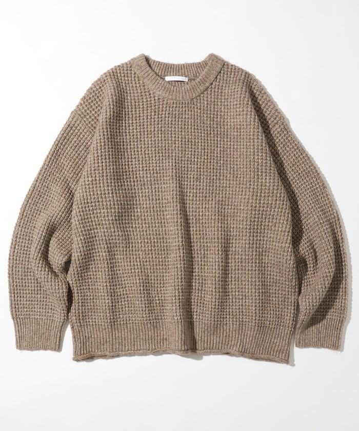 寬鬆版型羊毛混紡華夫格針織圓領毛衣