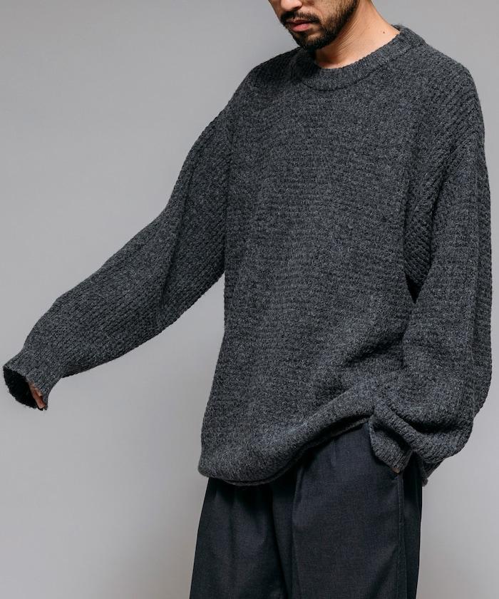 寬鬆版型羊毛混紡華夫格針織圓領毛衣