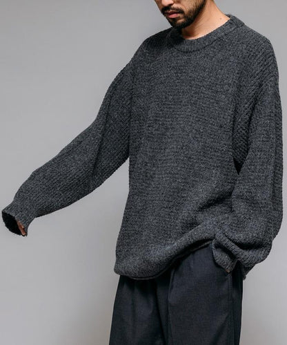 寬鬆版型羊毛混紡華夫格針織圓領毛衣