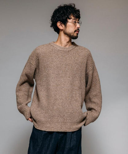 寬鬆版型羊毛混紡華夫格針織圓領毛衣