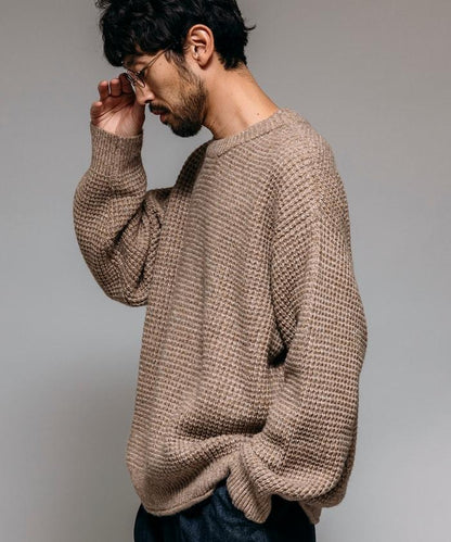 寬鬆版型羊毛混紡華夫格針織圓領毛衣