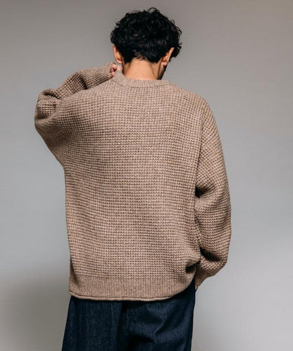 寬鬆版型羊毛混紡華夫格針織圓領毛衣