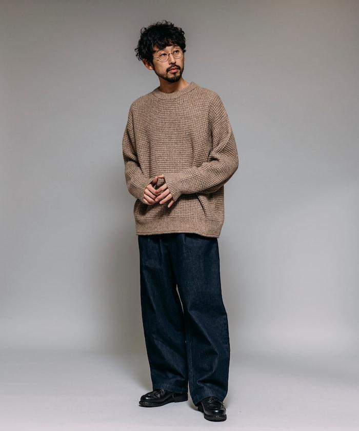 寬鬆版型羊毛混紡華夫格針織圓領毛衣