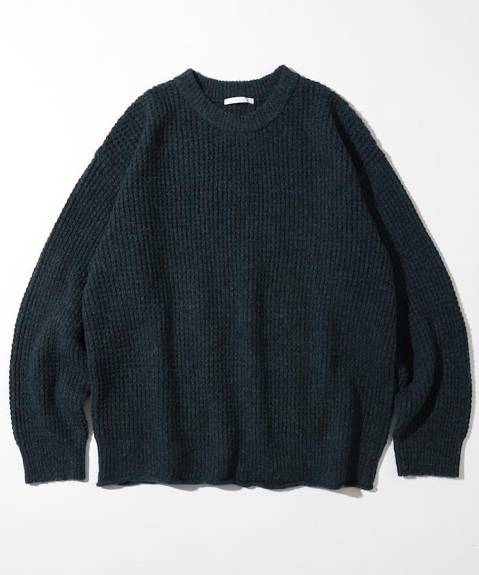 寬鬆版型羊毛混紡華夫格針織圓領毛衣