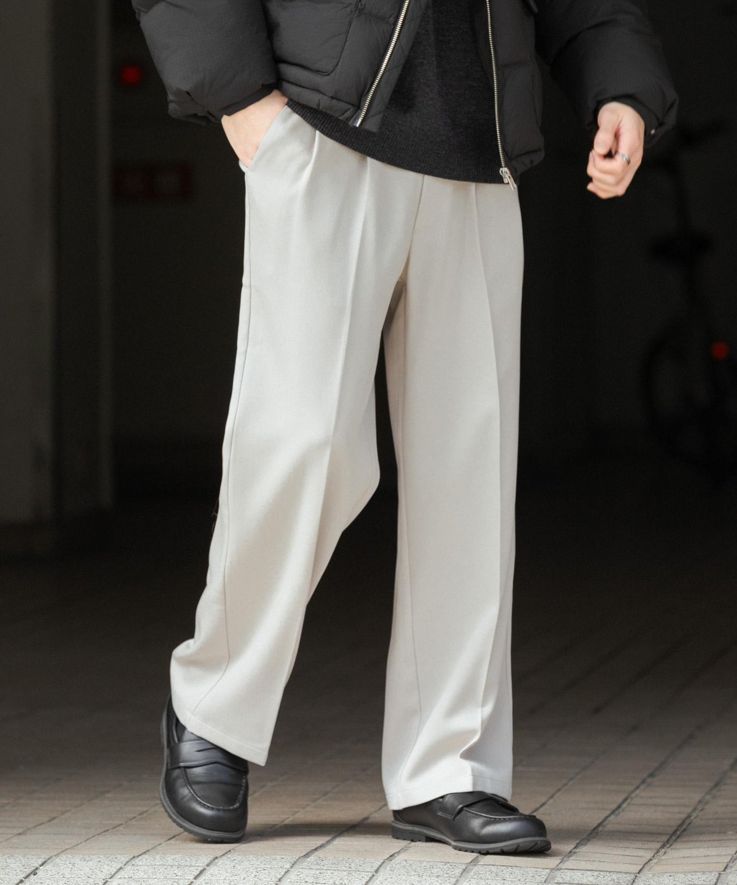 羊毛感雙褶寬腿褲