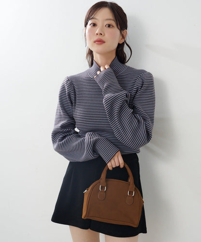 【純色&條紋】高領羅紋針織衫