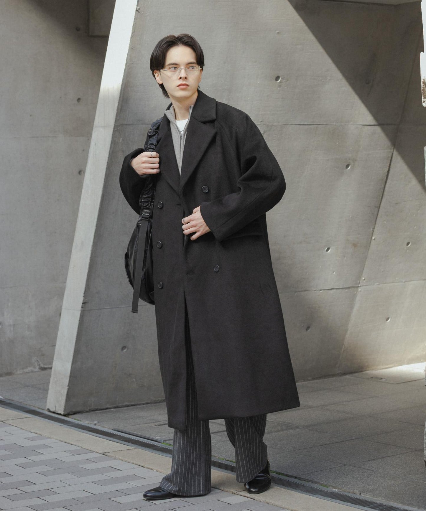 羊毛混紡弧形口袋直筒褲