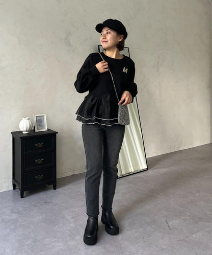 【MOMO】內層微絨彈力錐形牛仔褲