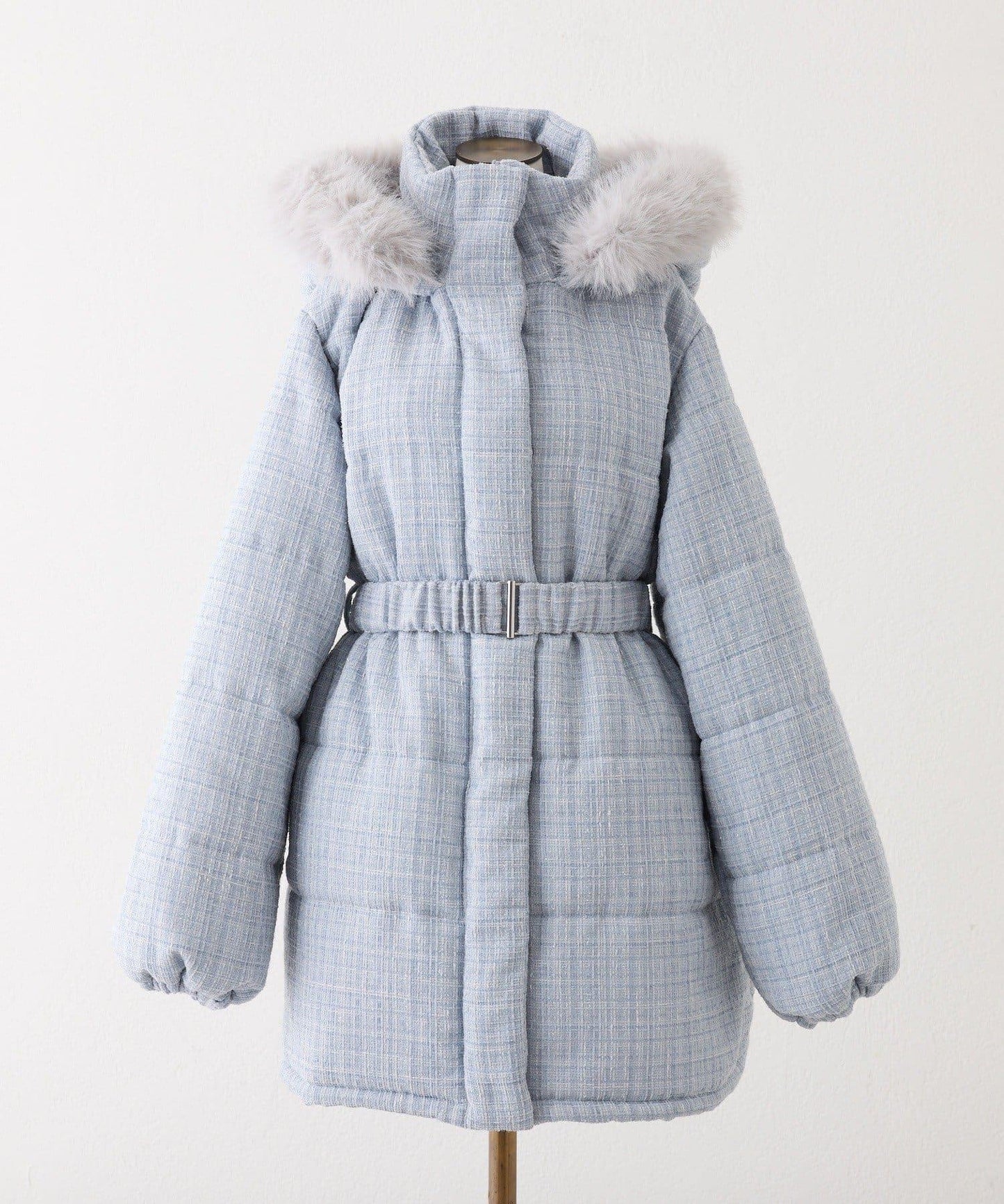 仿皮草連帽帶腰帶仿羽絨服