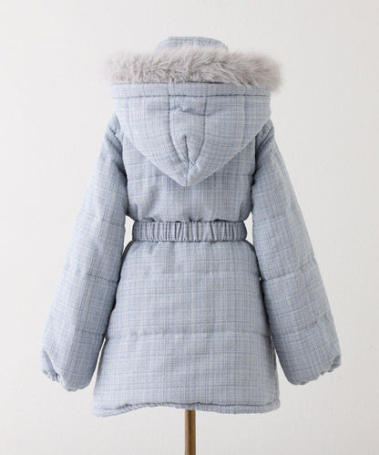 仿皮草連帽帶腰帶仿羽絨服