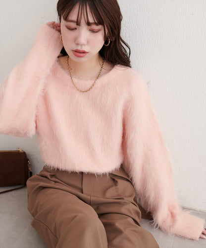 長款羽毛圓領針織套頭衫