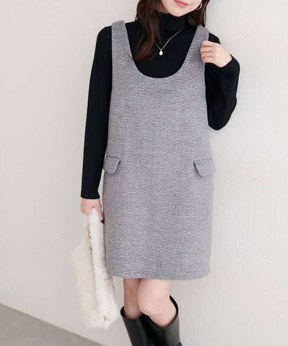 混色仿羊毛迷你揹帶裙