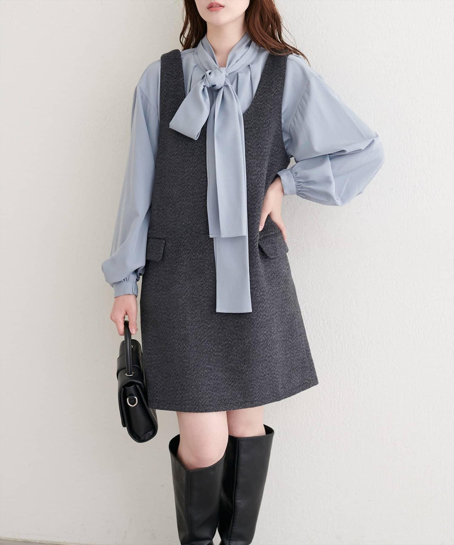 混色仿羊毛迷你揹帶裙