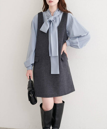 混色仿羊毛迷你揹帶裙