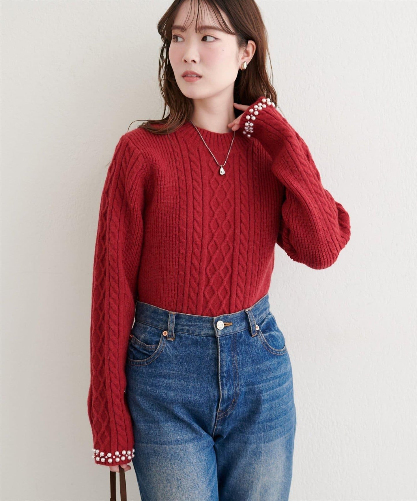 袖口珍珠柔軟針織衫