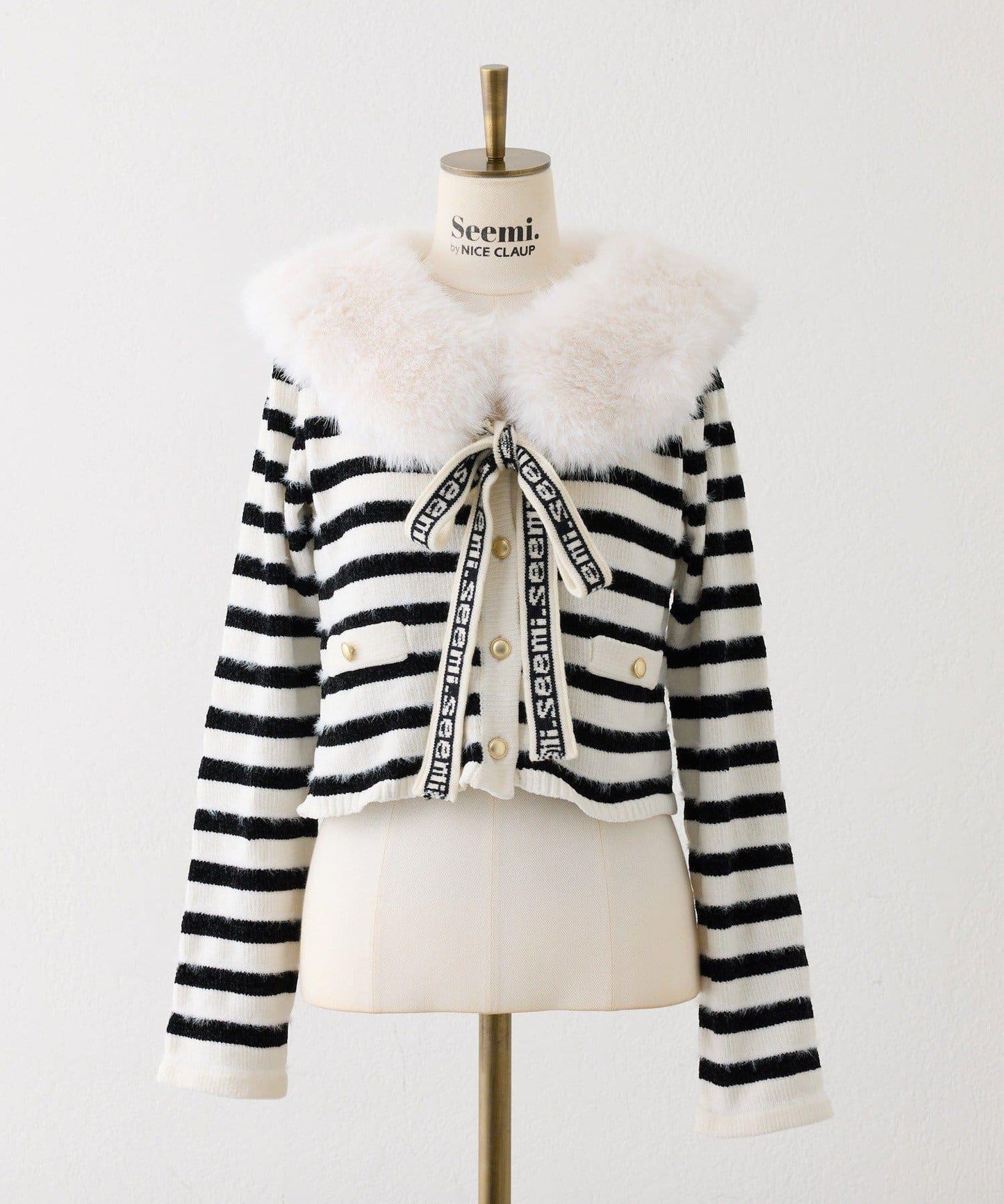 【Seemi.】毛絨翻領條紋開衫