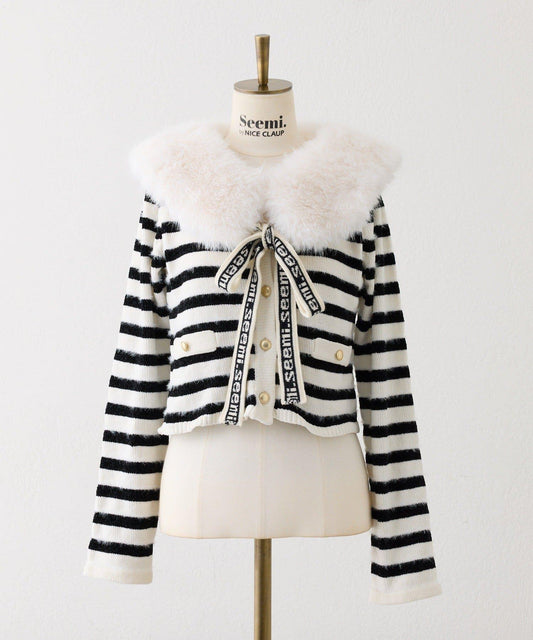 【Seemi.】毛絨翻領條紋開衫