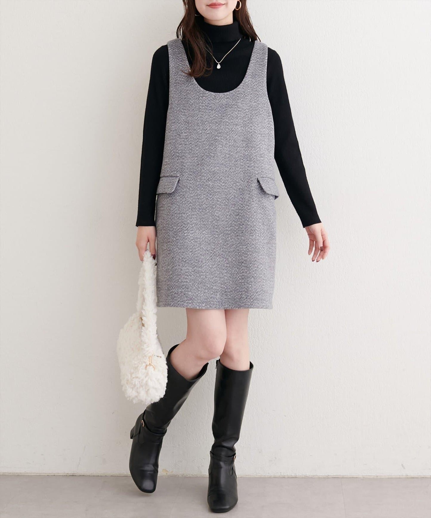 混色仿羊毛迷你揹帶裙