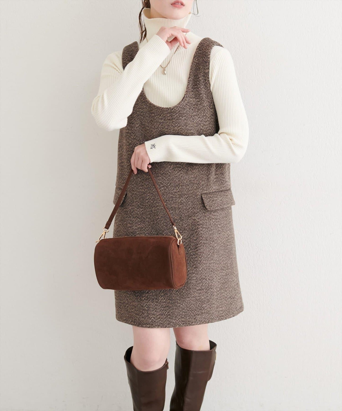 混色仿羊毛迷你揹帶裙