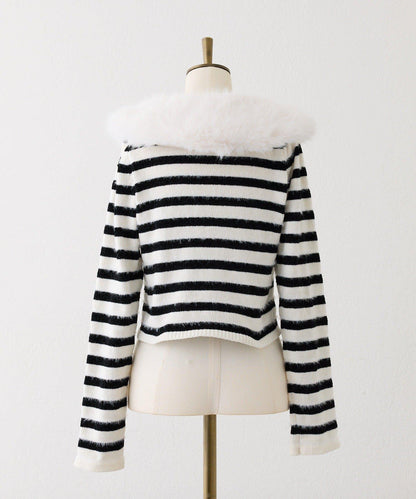 【Seemi.】毛絨翻領條紋開衫